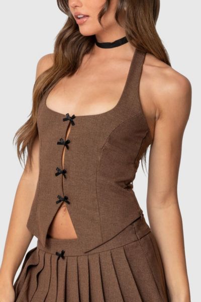 Edikted Palmer Plaid Bow Halter Top In Brown, Women's At Urban Outfitters