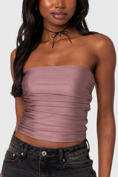 Edikted Maxeen Shiny Gathered Tube Top In Mauve, Women's At Urban Outfitters