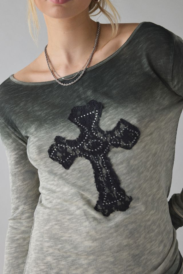 UO Brynn Cross Applique Graphic Long Sleeve Tee #1