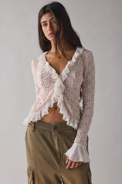Kimchi Blue Libby Ruffle Trim Flyaway Lace Cardigan Top