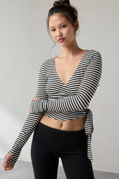 Out From Under Bec Long Sleeve Ballet Wrap Top In Black/white Stripe, Women's At Urban Outfitters In Multi