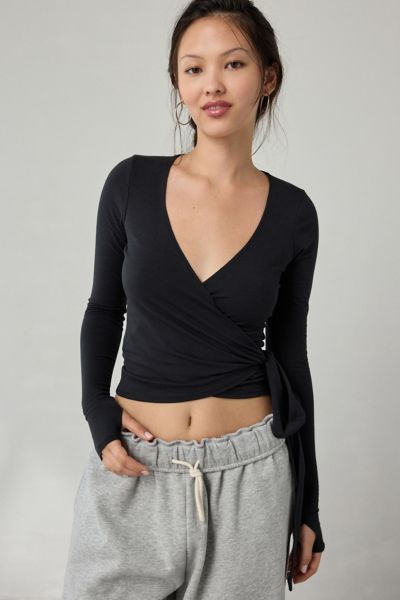 Out From Under Bec Long Sleeve Ballet Wrap Top In Black, Women's At Urban Outfitters In Black