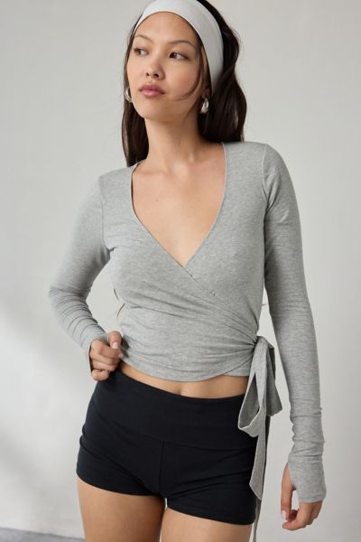 Out From Under Bec Long Sleeve Ballet Wrap Top In Grey, Women's At Urban Outfitters In Gray