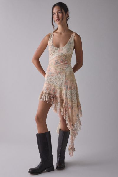 Kimchi Blue Hydrangea Asymmetric Cascading Ruffle Spliced Lace Midi Dress