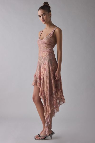 Kimchi Blue Hydrangea Asymmetric Cascading Ruffle Spliced Lace Midi Dress