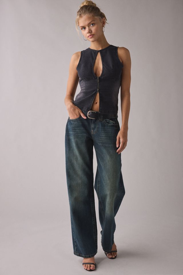UO Nicola Plunging Keyhole Cutout Zip-Front Denim Vest Top #2