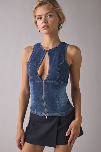 UO Nicola Plunging Keyhole Cutout Zip-Front Denim Vest Top Product Page
