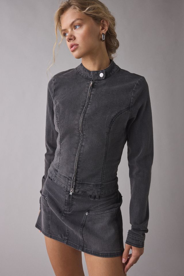 UO Sloane Slim Long Sleeve Zip-Front Moto Denim Top #1