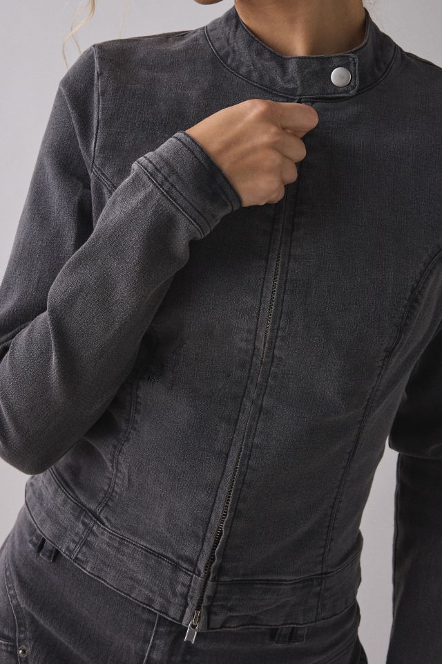 UO Sloane Slim Long Sleeve Zip-Front Moto Denim Top #2