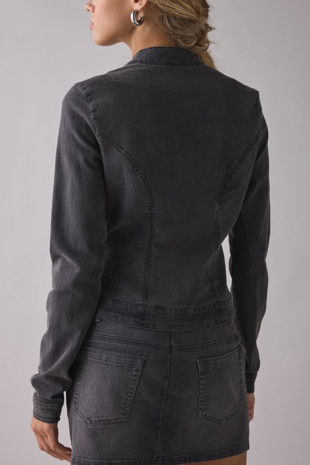 UO Sloane Slim Long Sleeve Zip-Front Moto Denim Top #3
