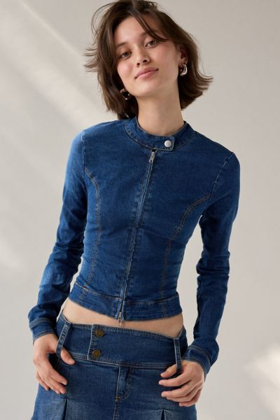 UO Sloane Slim Long Sleeve Zip-Front Moto Denim Top