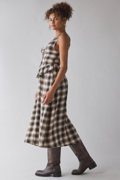 UO Perfectly Plaid Lace-Up Ruffle Midi Dress