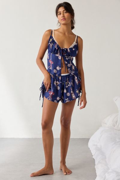 Out From Under Goodnight Kiss Flayway Cami + Micro Short Satin Pajama Set In Navy, Women's At Urban Outfitters In Blue