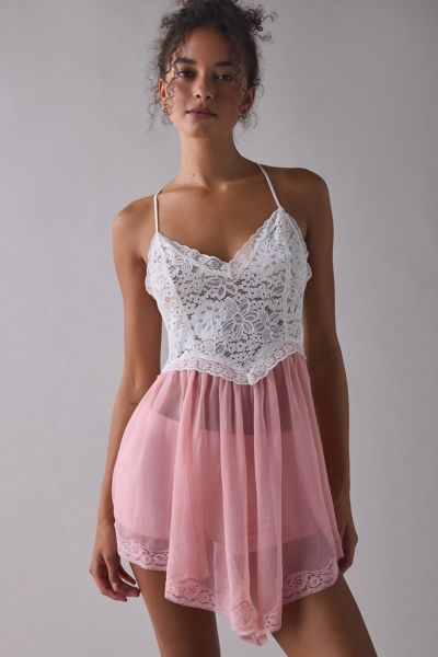 Out From Under Cassandra Sheer Lace + Mesh Hanky Hem Slip In Pink, Women's At Urban Outfitters In Pink