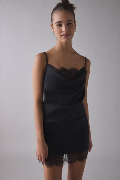 Out From Under Goodnight Kiss Lace Trim Cowl Neck Satin Slip In Black, Women's At Urban Outfitters In Black