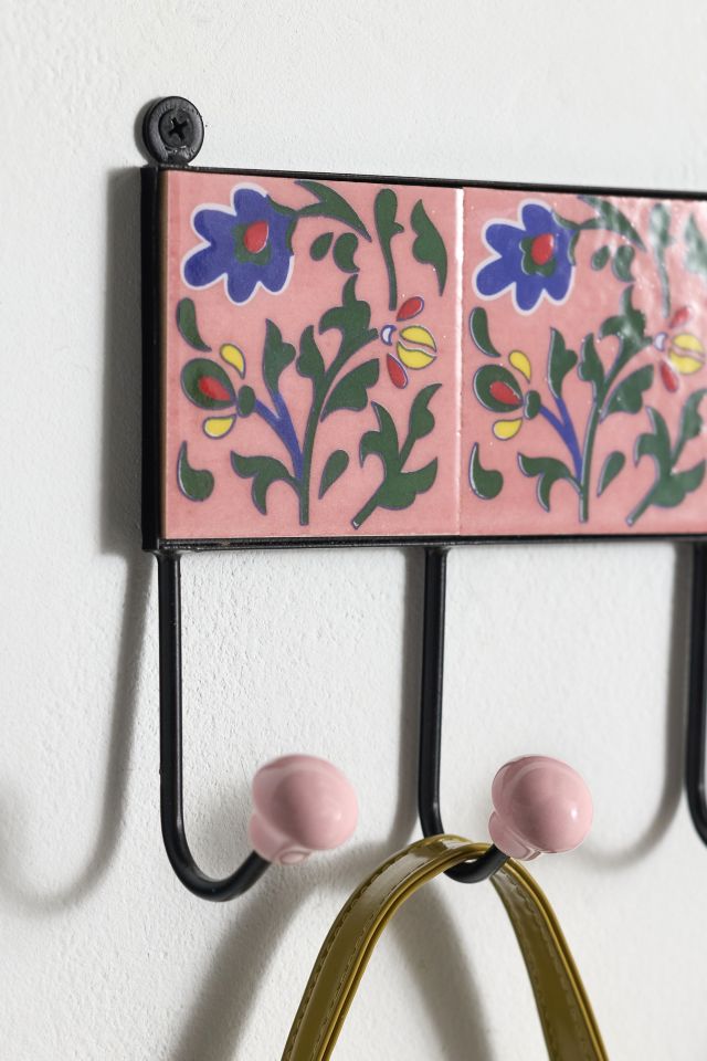 Multi Ceramic Floral Tile Wall Hook #2