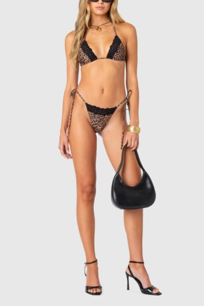 Edikted Lacey Leopard Print Side Tie Bikini Bottoms