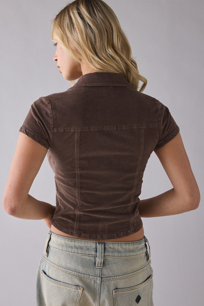 BDG Polly Corduroy Belted Slim Short Sleeve Button-Up Shirt