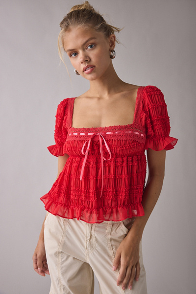 Kimchi Blue Serenade Ruffle Puff Sleeve Babydoll Blouse in Red, Women's at Urban Outfitters