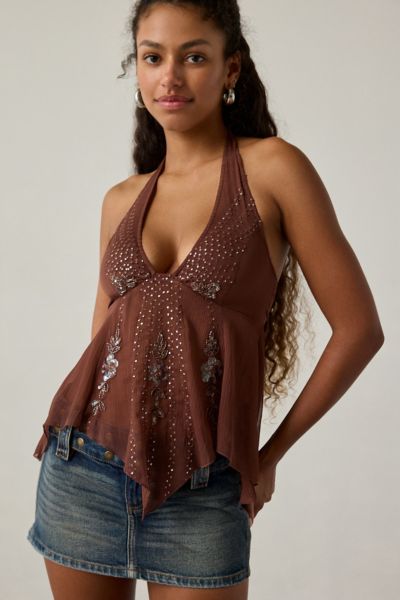 UO Billie Embellished Beaded Asymmetric Plunging Halter Top