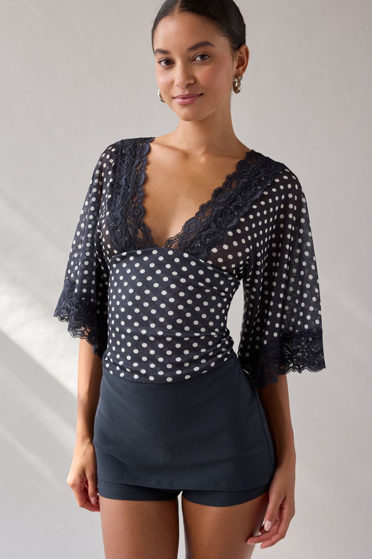 Kimchi Blue Verde Plunging Lace Trim Bell Sleeve Top