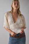 Kimchi Blue Verde Plunging Lace Trim Bell Sleeve Top