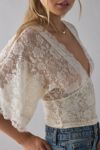 Kimchi Blue Verde Plunging Lace Trim Bell Sleeve Top