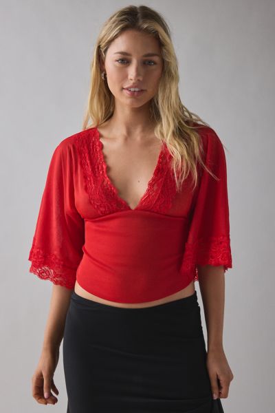 Kimchi Blue Verde Plunging Lace Trim Bell Sleeve Top