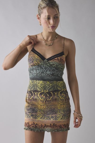 ReMADE By UO Remnants Printed Mesh Lace Trim Mini Dress