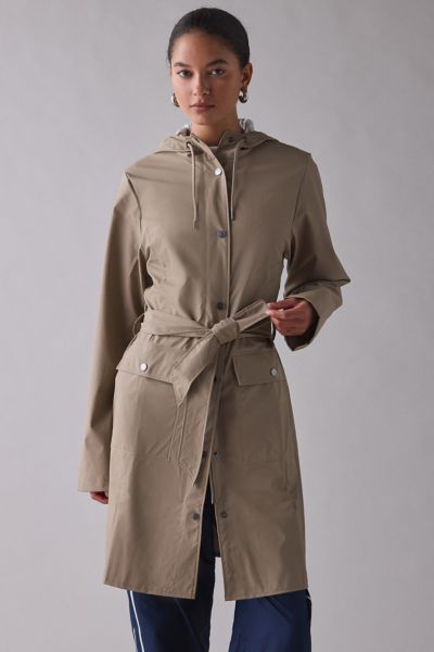 Rains Curve Long Jacket In Tan, Women's At Urban Outfitters In Brown