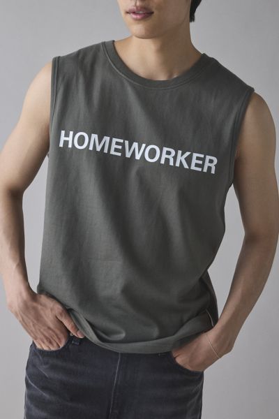 TEE LIBRARY HOMEWORKER GRAPHIC MUSCLE TEE IN GREY, MEN'S AT URBAN OUTFITTERS 