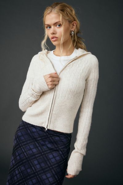 BDG Monet Cable Knit Zip-Up Hoodie Sweatshirt