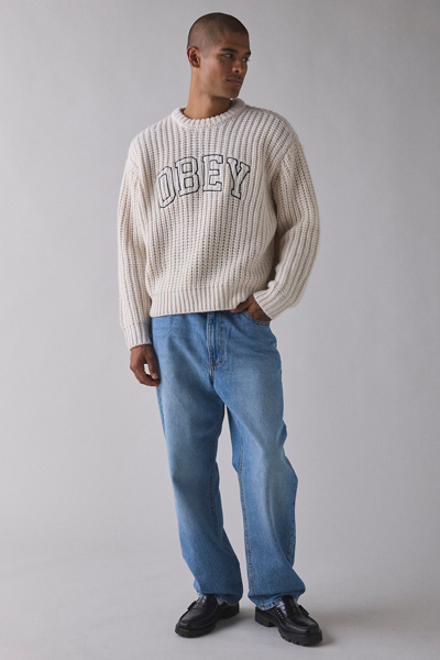 Obey Collegiate Crew Neck Sweater In Ivory, Men's At Urban Outfitters In White