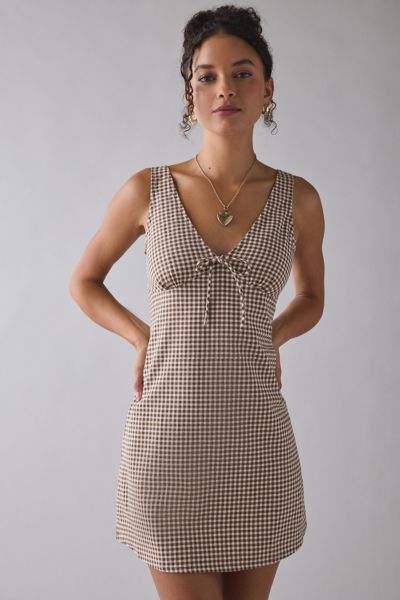 Motel Asatari Tie-Front Bow Detail Brown Gingham Mini Dress