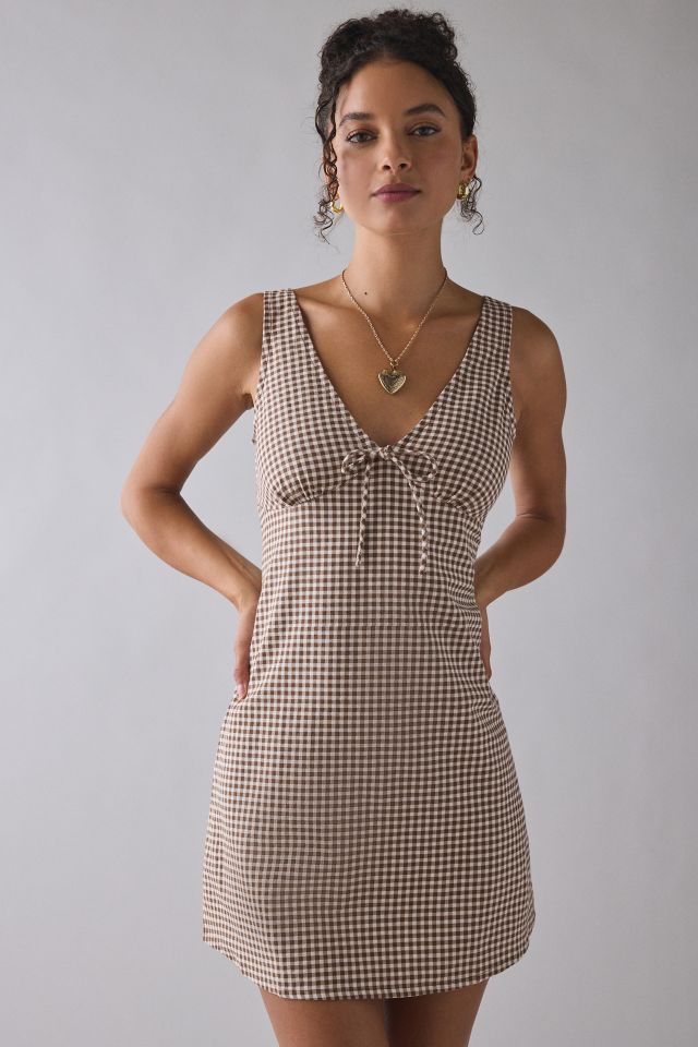 Motel Asatari Tie-Front Bow Detail Brown Gingham Mini Dress #1
