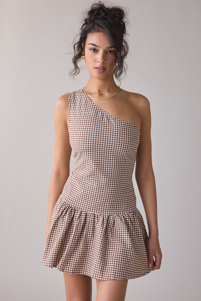 Motel Munasa One-shoulder Drop Waist Gingham Mini Dress In Brown, Women's At Urban Outfitters