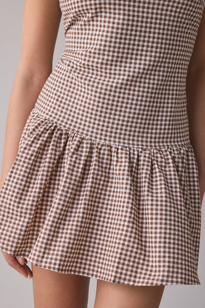 Motel Munasa One-Shoulder Drop Waist Gingham Mini Dress
