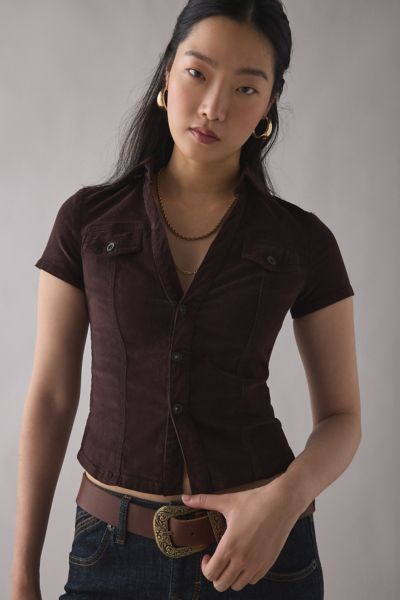 BDG Polly Corduroy Slim Short Sleeve Button-Up Shirt