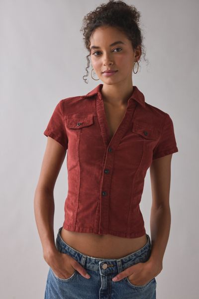 BDG Polly Corduroy Slim Short Sleeve Button-Up Shirt