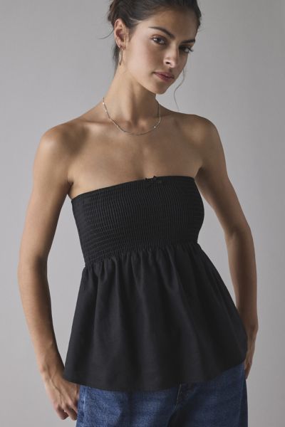 ReMADE By UO Made In LA EcoVero™ Linen Smocked Babydoll Tube Top Product Page