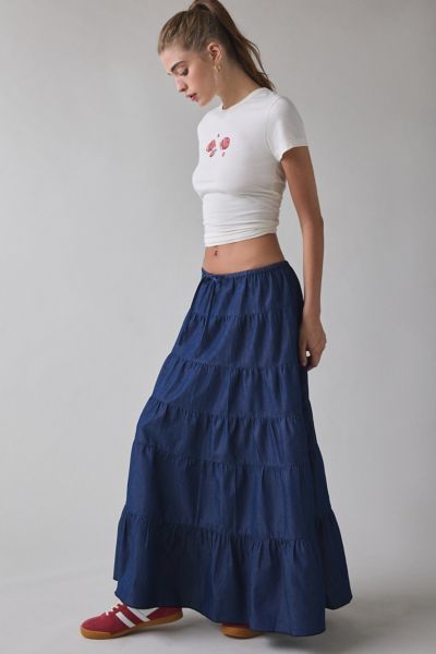 UO Caysie Tiered Low-Rise Denim Maxi Skirt