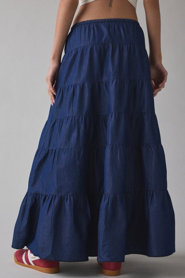 UO Caysie Tiered Low-Rise Denim Maxi Skirt #3