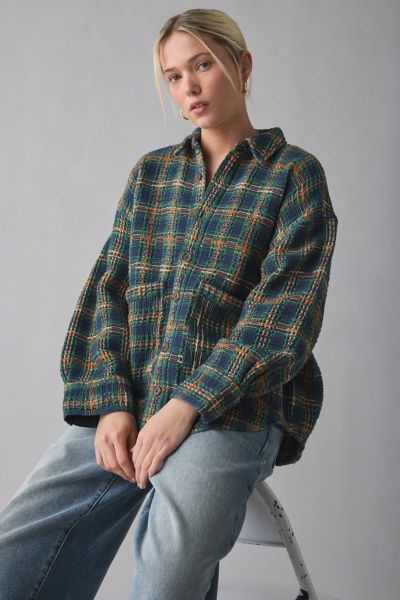 Bdg Bryson Waffle Plaid Oversized Button-down Shirt In Green, Women's At Urban Outfitters