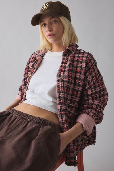 Bdg Bryson Waffle Plaid Oversized Button-down Shirt In Pink, Women's At Urban Outfitters