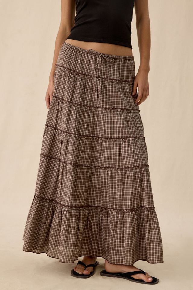 UO Caysie Plaid Pattern Low-Rise Tiered Maxi Skirt | Urban