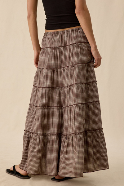 UO Caysie Plaid Pattern Low-Rise Tiered Maxi Skirt