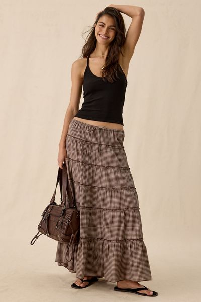 UO Caysie Plaid Pattern Low-Rise Tiered Maxi Skirt