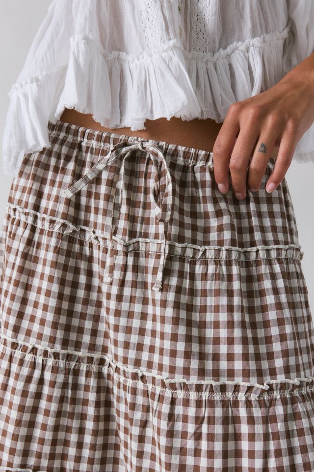 UO Caysie Brown Gingham Low-Rise Tiered Maxi Skirt #2