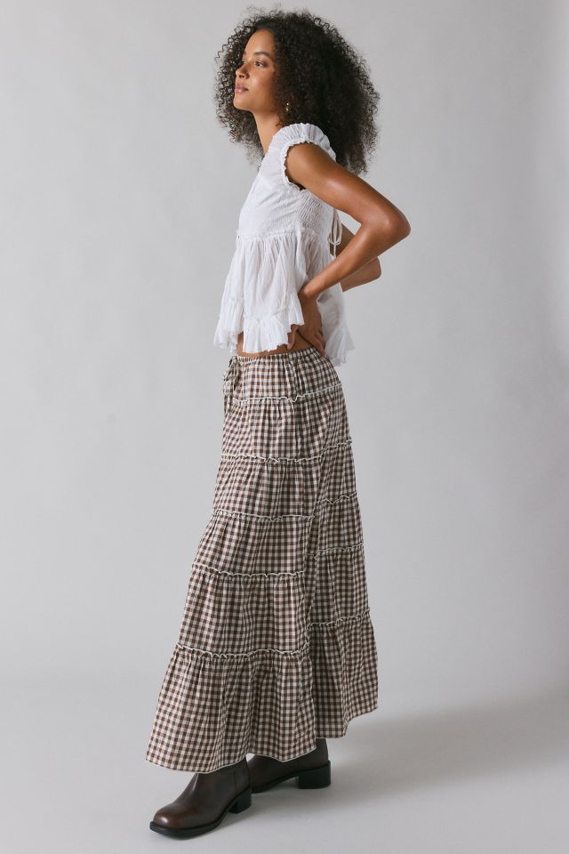 UO Caysie Brown Gingham Low-Rise Tiered Maxi Skirt #3