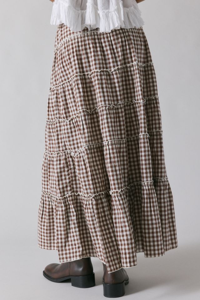UO Caysie Brown Gingham Low-Rise Tiered Maxi Skirt #4